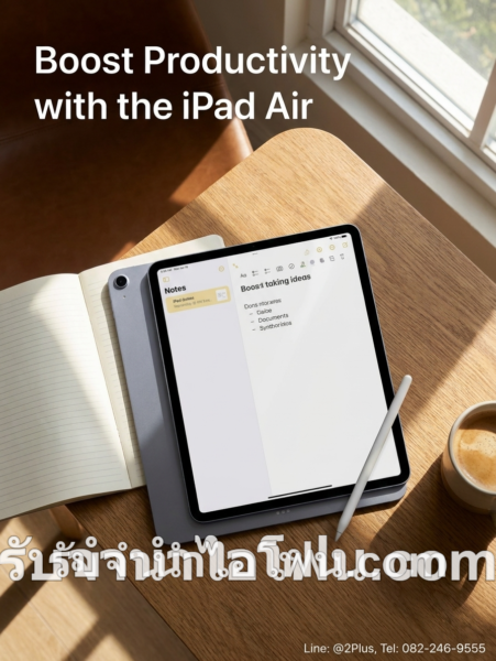 รับจำนำ iPad Mini, Air, Pro ทุกรุ่น รับเงินทันที ให้ราคาสูง ปลอดภัย 100% — ภาพเครื่อง iPad Air วางบนโต๊ะเพื่อแสดงบรรยากาศการจำนำ